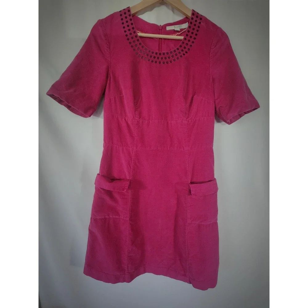 Boden Arylide Pink Velvet Hampshire Shift‎ Dress Pockets Embroidered Womens 6R